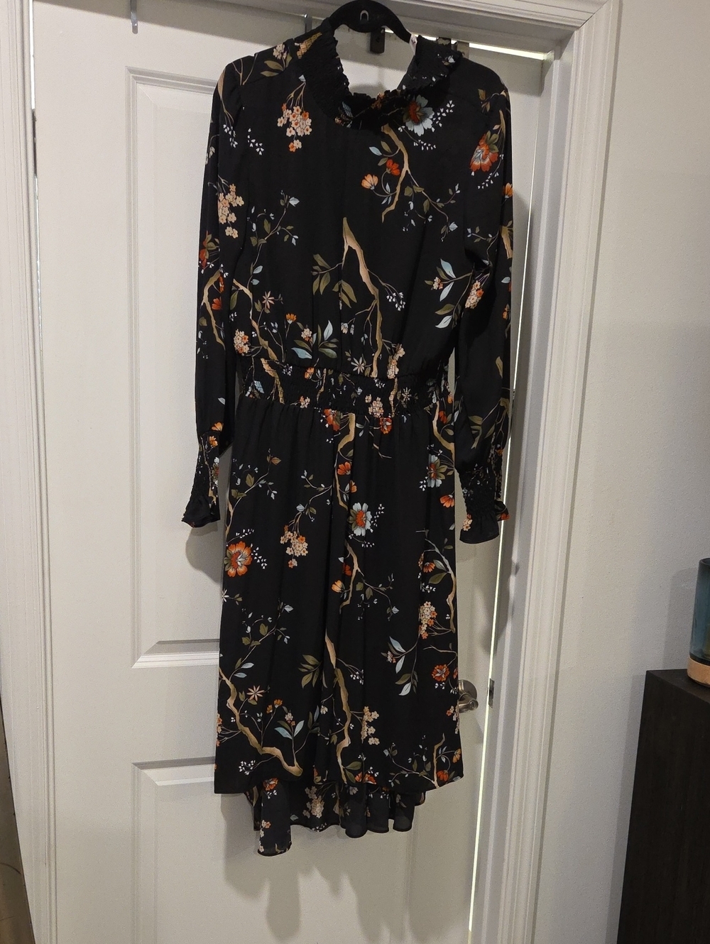 Black Floral Long-Sleeve Ruffled Neck Dress Size 14, New Without Tags!